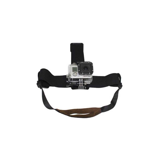 Black chin strap head band combo with action camera mount, front view against white background