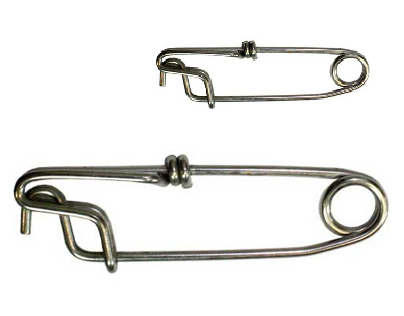 Long line clip tuna clips with metal carabiners and rings, shown in two angles from above
