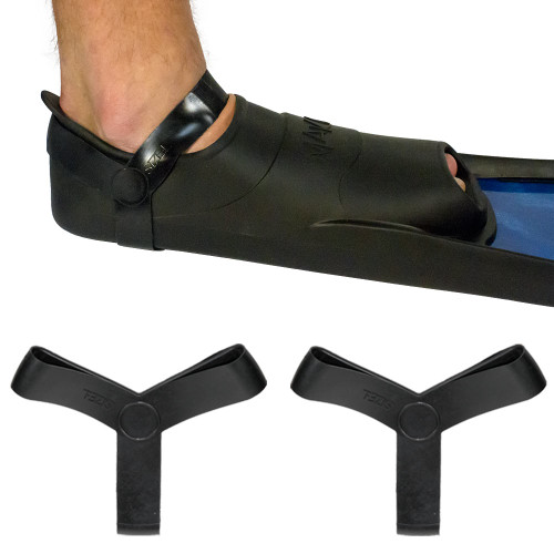 Black rubber freedive fin keepers shown on foot and as individual components against white background