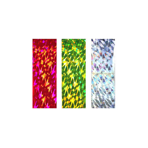 Holographic Fish Flasher Tape in three colors: red, yellow, and silver with reflective patterns displayed vertically