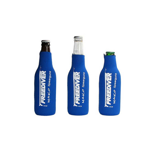 Three blue Freediver bottle coolers displayed side by side, holding different beverage bottles in neoprene sleeves