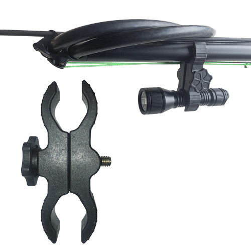 Speargun flashlight bracket mounted on rifle with 1000 lumen dive light, black metal clamp shown separately below
