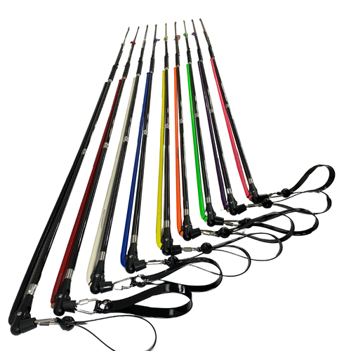 MAKO Carbon Elite Traveler Roller Pole Spears arranged in a fan display showing multiple color options with barbed tips