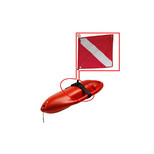 Red hard float buoy with white diagonal stripe flag and black strap attachment, angled view