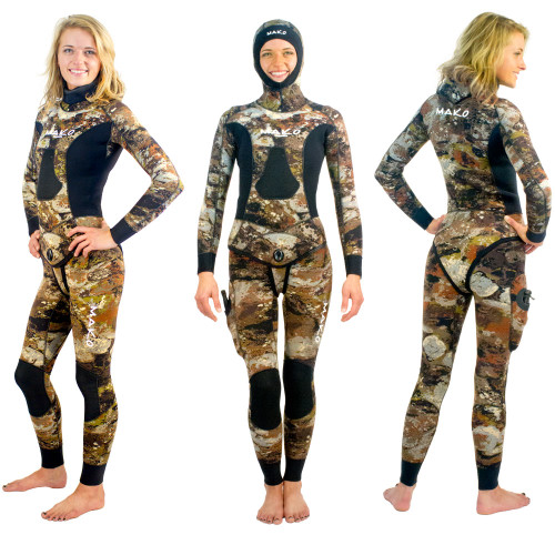 Women's Yamamoto 3D Reef Camo 2 Piece Open Cell Wetsuit shown front, back, and side views in brown camo pattern
