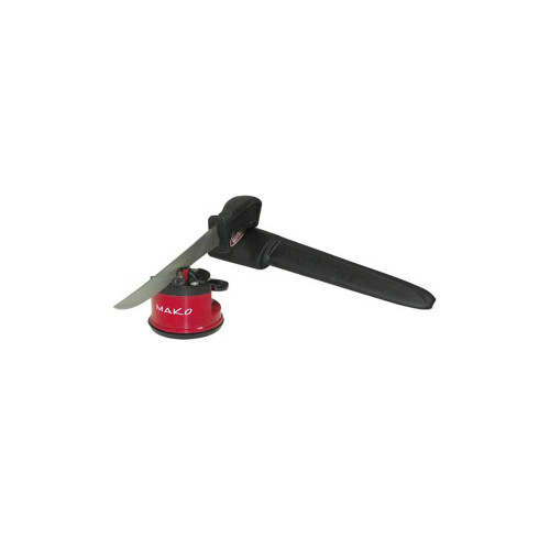 Brian Ferguson Knife Sharpener with red base and black handle, angled view showing blade slot and sharpening mechanism