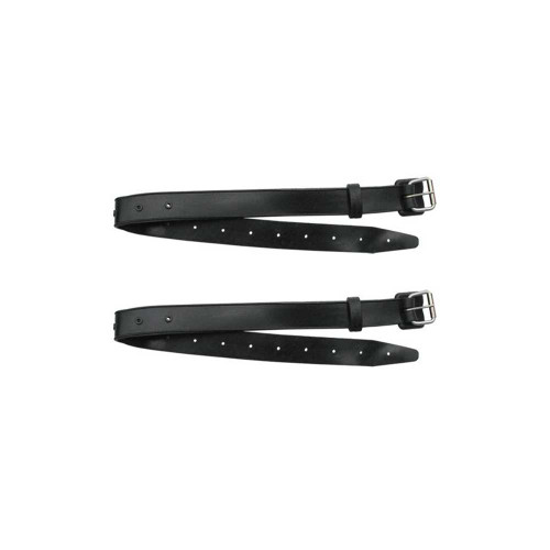 Black leather Marseilles style knife straps with metal buckles, pair displayed flat on white background
