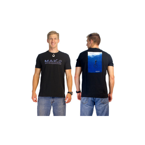 Man wearing black MAKO Spearguns t-shirt, front and back view, with blue jeans on white background