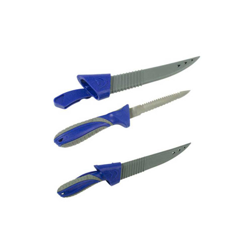 Three serrated fillet knives with blue handles and grey blades displayed at angles on white background