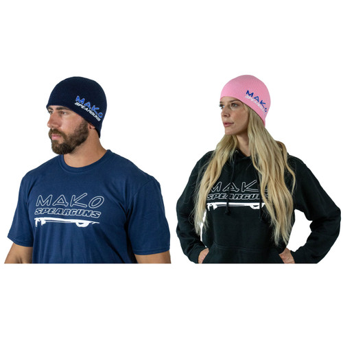 Man wearing navy MAKO skull fit knitted beanie and woman wearing pink MAKO skull fit knitted beanie, front view