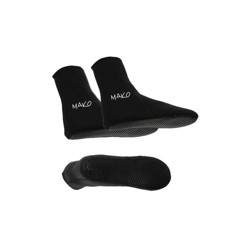 Black neoprene dive socks with high cut design and textured soles, displayed from multiple angles