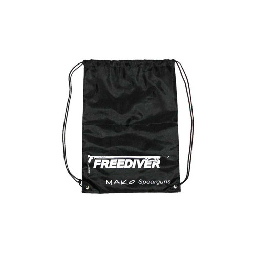 Black Freediver drawstring backpack with white logo and cord straps, front view