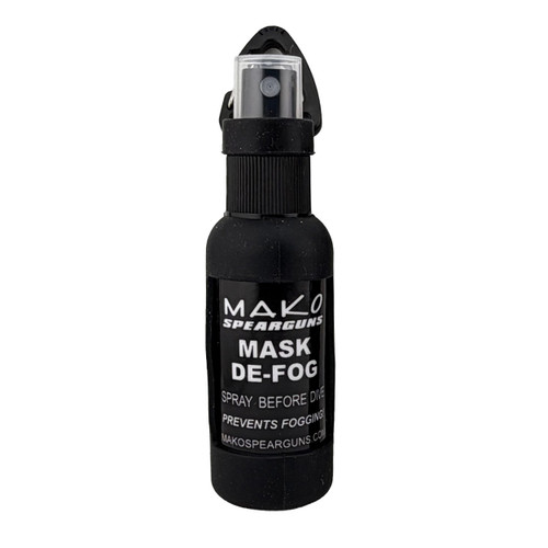 Mako Spearguns mask de-fog spray bottle with black label and spray nozzle on white background