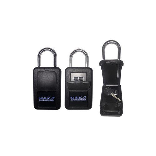 Three black Maze key lock boxes displayed side by side, showing front and side angles with metal handles and combination dial