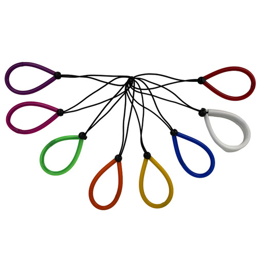 MAKO easy escape bungie wrist lanyard in multiple colors arranged in a fan pattern showing purple, green, red, blue, and gold loops