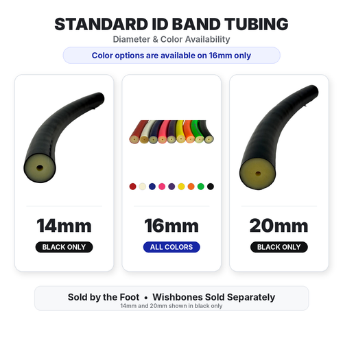 Black curved speargun band tubing in 14mm, 16mm, and 20mm sizes with color swatches showing available options