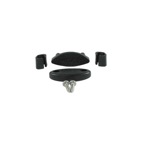 Black replacement fin hardware set with clips and metal screws, flat lay view