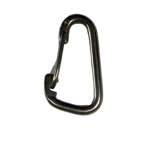 Black stainless steel mini carabiner with gate latch, angled side view