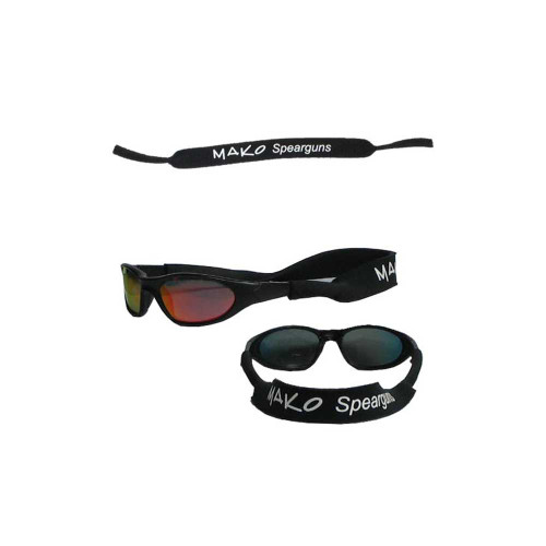 Black MAKO Spearfishing sunglasses holders and retainers displayed flat lay, showing neoprene straps and logo detail
