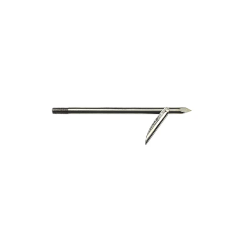 Pole spear single flopper tip mounted on 6" shaft, metallic finish shown at angle on white background