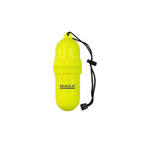 Bright yellow waterproof canister with black cord attachment, front view against white background