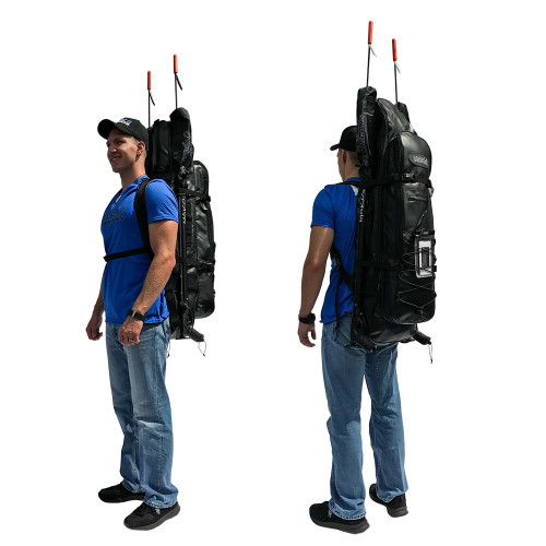 Spearfishing Longfins Freediving Backpack displayed on model from front and back angles, black with red accents