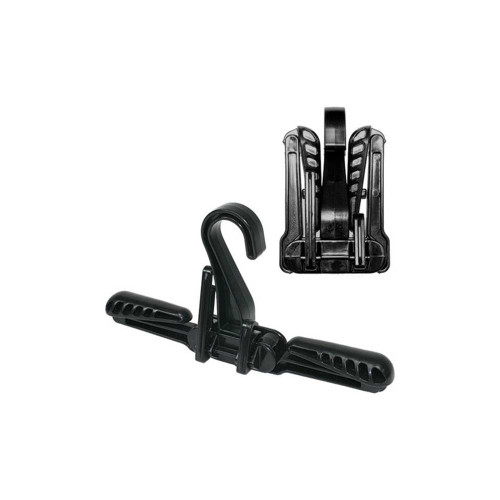 Black folding wetsuit hanger shown open on left and compact closed position on right, front view