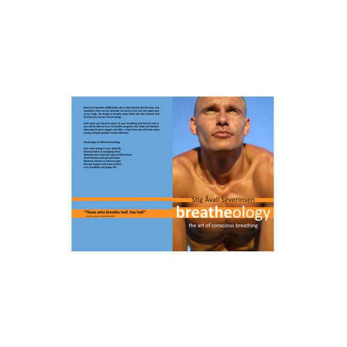 Man in orange shirt against blue background with Breatheology book cover displaying breathing technique guide and text about advanced breathing