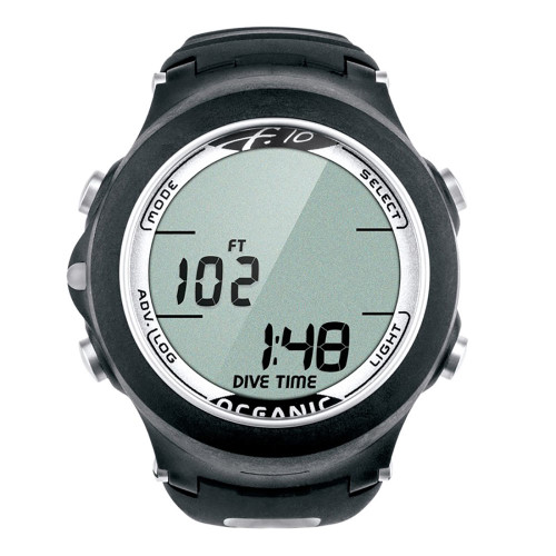 Black Oceanic F.10 dive computer watch with digital display showing depth and dive time readings, front view