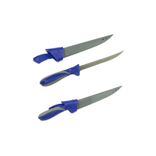 Three blue fillet knives with stainless steel blades arranged diagonally, displaying textured handles and sharp points