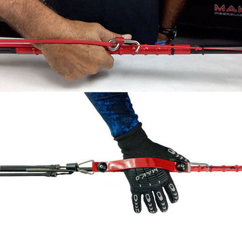 Pole spear resting hook demonstrated on red spear with hand grip, shown from side angle with mounted attachment detail