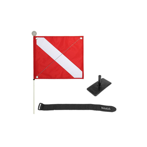 Red and white inflatable dive flag with white pole, black base, and arm strap displayed against white background