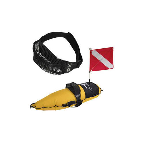 Black mesh bag with yellow inflatable float and red-white dive flag attached