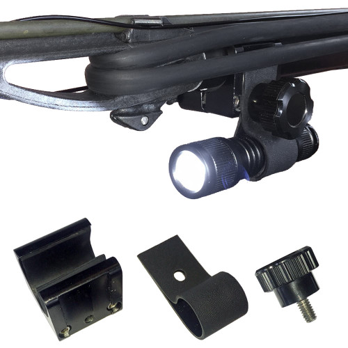 Lightweight Speargun Flashlight Bracket mounted on speargun with mini dive light, shown with separate mounting hardware components below