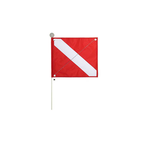 Red and white diagonal dive flag mounted on white pole with gray safety ball, Florida Legal Dive Flag