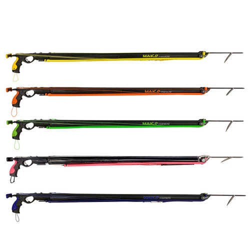 Five Titan Elite spearguns in yellow, orange, green, black, and navy, displayed side-by-side showing roller muzzle and enclosed track design