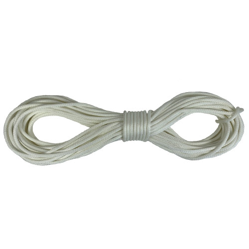 Freediving rope coiled in figure-eight pattern with center binding, white nylon construction on white background