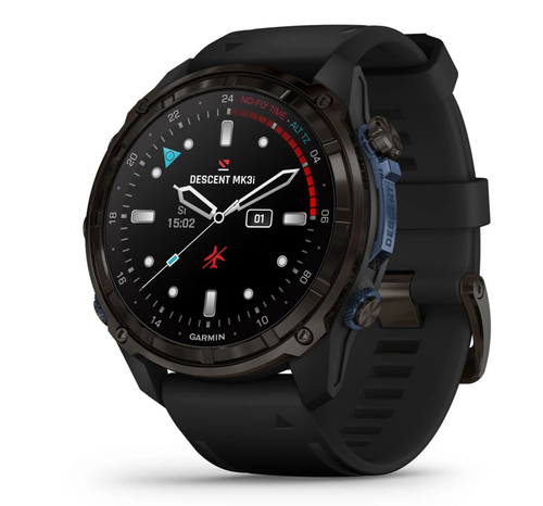Garmin Descent MK3 dive computer watch with black case and band, displaying analog and digital time on black dial with colorful bezel markings, side view