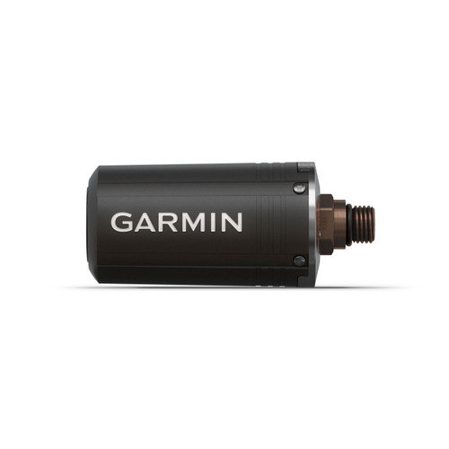 Black Garmin Descent T1 transmitter with metal connector port, side view against white background