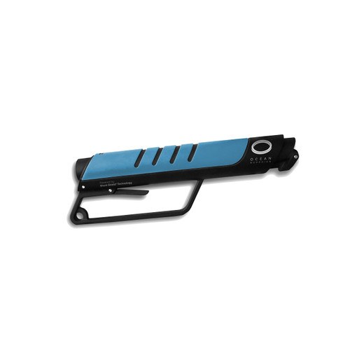 Blue and black Ocean Guardian eSPEAR Handheld Shark Shield displayed at angle against white background
