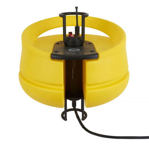 Yellow Ocean Guardian Shark Shield floatation device with black electronic control unit, top-down view
