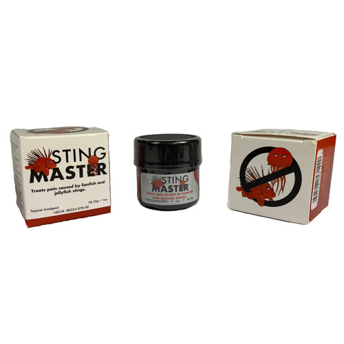 StingMaster First Aid Ointment jar with cream and white packaging displayed from front and side angles