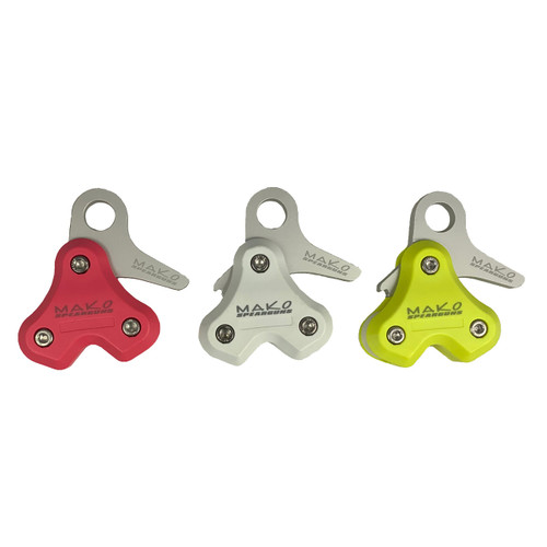 MAKO Freedive Rope Pulley in red, gray, and neon yellow, shown in three color options with metal components and attachment loops