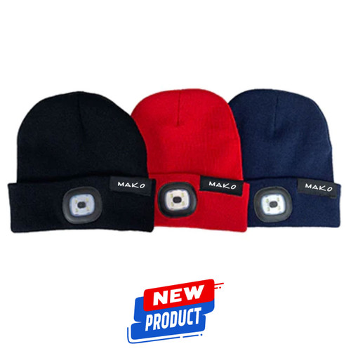 Three MAKO Beanies with Built In Flashlight in black, red, and navy blue displayed front view with LED lights visible on bands