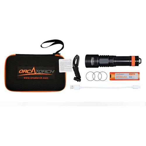 Orca Torch 1700 lumens dive light kit with black carrying case, flashlight, battery, and accessories on white background