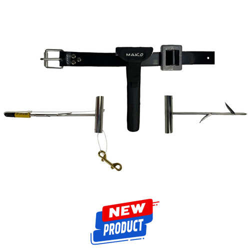 MAKO Halibut Hammer spearfishing gun with black barrel and adjustable belt harness, displayed with components laid out flat