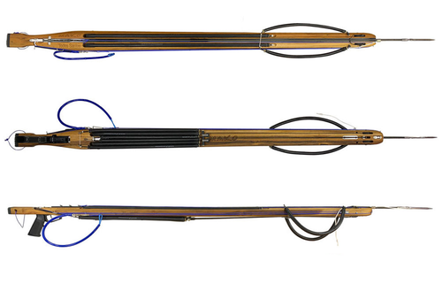Ultimate Bluewater Speargun: The MAKO Todos Santos Custom Teak Inverted Roller Speargun, equipped with 7 bands and an enclosed track, delivers unmatched power, accuracy, and performance for big game hunting.