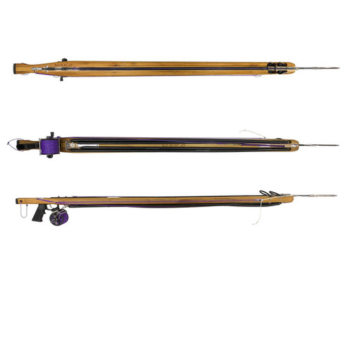 MAKO Santa Catalina speargun trio showing three angles with teak wood stock, double roller mechanism, and enclosed track design