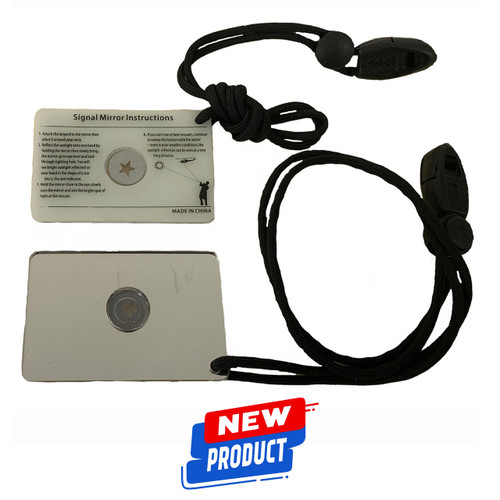 MAKO Rescue Mirror signal device with instruction card and black cord lanyard, flat lay view with new product badge