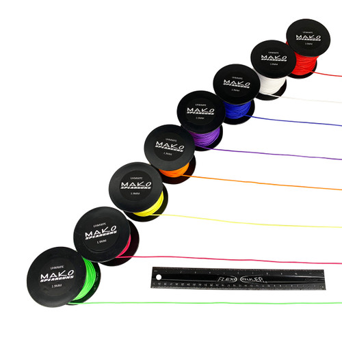 MAKO Speargun Reel Line in multiple colors displayed in a fan arrangement with measurement scale